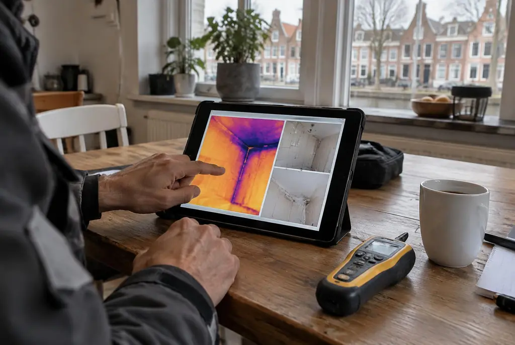 Lekdetectie Markelo – lekdetectierapport met warmtebeelden en foto's op een tablet