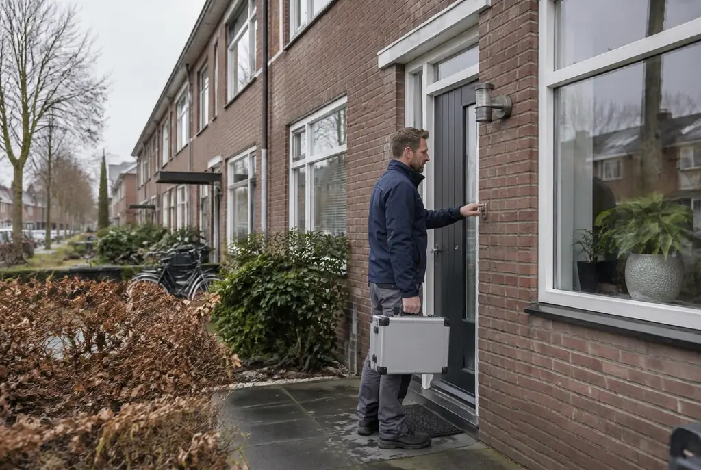 Lekdetectiespecialist met meetkoffer bij de voordeur van een woning in Markelo
